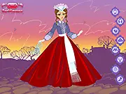 Screenshot of Scarlett Renaissance Dress Up game showing a model wearing an elaborate historical dress with a dramatic period background.