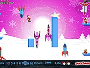 Santa Claus flying through the sky to collect gifts while avoiding explosive rockets in the Christmas Purchase online game