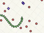 Gameplay image of the free online game Fidi showing a long snake-like line curving around a red circle while collecting a blue square for points