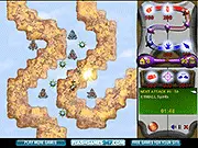 Sky Fortress Tower Defense gameplay screenshot showing defensive towers firing at enemy air units, free online strategy game