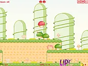 Mushroomi game screenshot showing a small red mushroom character jumping over a platform while fighting an enemy mushroom in a colorful 2D environment