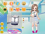 Back to School Dress Up game screenshot showing girl in stylish uniform with blazer and skirt, free online fashion game