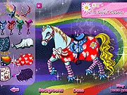 My Pony Dressup game screen showing a cute pony with a pink mane, rainbow wings, and a saddle in a magical landscape