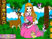 Princess Alice dressed in a magical gown, standing in a fairyland and surrounded by cute animals in the dress up game