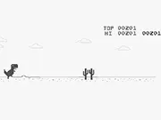 Screenshot of the Chrome Dino Run game showing the pixelated T-Rex running on a side-scrolling desert landscape, jumping over a small group of cacti.