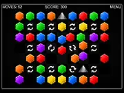 Screenshot of Gemnastics free online puzzle game showing a board filled with different colored and shaped gems that can be manipulated to form matches.