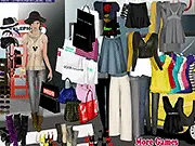 Screenshot of Patience Dressup online game showing a stylish female model standing next to a selection of cute tops, elegant dresses, and high-fashion accessories.