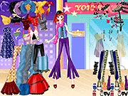 Screenshot of the free online game High Fashion Dressup showing a model in an eccentric, high-fashion outfit and hairstyle
