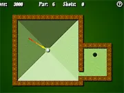 The golf ball rolling past a tricky obstacle on a green course in the Mini Golf Flash online game