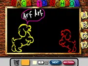Screenshot of the Chalk Board Fun Painting game showing a child's colorful drawing of a house and sun on a dark digital chalkboard background.