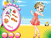 Play Hula Dancer Dress Up free online game screenshot. A beautiful dancer being styled in traditional Hawaiian hula attire, including a grass skirt and floral accessories.