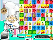 Screenshot of Juicy Puzzle online game showing colorful fruits being matched on the game board