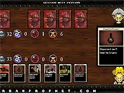 Screenshot of the Gekisen card RPG game showing two sets of cards battling against each other in a fantasy-themed arena.