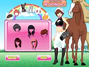Screenshot of Jockey Girl Dressup game showing a stylish jockey dressed in colorful racing silks and gear
