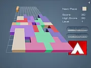Screenshot of Flash3DX game showing three-dimensional colored blocks falling and stacking in a 3D well