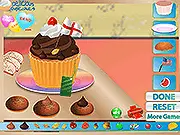 Screenshot of Delicious Cupcakes online game showing a beautifully decorated sweet treat with frosting and sprinkles.