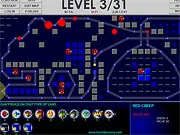 Screenshot of Turret Tyranny, an overhead view of a tower defense map showing various military turrets placed along a winding path to defend against a wave of invading enemy units.