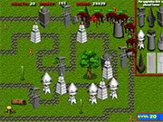 Screenshot of Muscle Creature Tower Defense game showing various defensive towers firing at a wave of muscular, cartoon-style enemy creatures on a winding path.