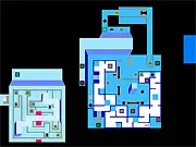 Screenshot of the Quad:: puzzle game showing a square block character in a maze-like level with red walls and a blue teleporter.
