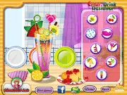 Play Color Drink Designer free online game screenshot. A brightly colored cocktail being mixed in a fancy glass with various fruit slices and accessories available for decoration.