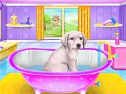 Screenshot of Labrador Pet Salon game showing a cute Labrador dog receiving a spa treatment or having its teeth cleaned by a virtual vet.