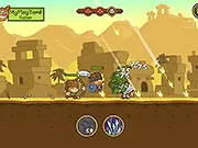 Screenshot of Shorties' Kingdom 2 showing the battlefield with two armies of small cartoon figures engaging in tactical combat.