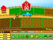 Screenshot of Farm Time game showing a truck next to harvested crops and various farm animals like cows and chickens.
