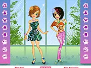 Girls in Flowers dress up game, two friends styled in fashionable floral pattern clothes, free online fashion game