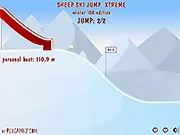 Gameplay screenshot of the free online arcade game Sheep Ski Jump Xtreme, showing a cute sheep flying high in the air after successfully launching off a ski ramp.