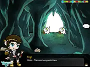 Screenshot of Yogipoco online game showing the main character in a mystical, magical forest setting with a puzzle element visible in the foreground.