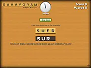 Savvygram free online word scramble challenge game screenshot, unscrambling letters in two minutes on PlayArcadeHub