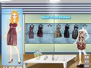 Screenshot of Short Prom Dresses game showing a model with glamorous makeup wearing an elegant, sparkling short prom dress, free online fashion game