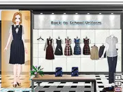 Screenshot of Back to School Uniform game, showing a girl trying on a student uniform and applying subtle makeup