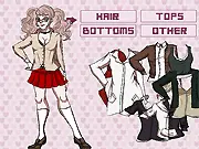 Screenshot of Junko Enoshima dress-up game, showing the Danganronpa character with her signature blonde pigtails and Monokuma hair clips, free fashion game.