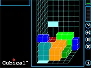 Gameplay screenshot of Cubical, a 3D block puzzle game, showing various colored polycubes stacked in the well with another block falling from above. Play Cubical online for free.