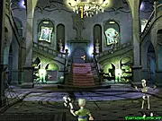 Screenshot of Grabbed by the Ghoulies showing a player character surrounded by an increasing number of walking skeletons in a spooky environment