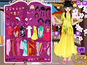 Screenshot from the Asian Beauty Dressup game showing a stylish model wearing a beautiful, colorful Asian-inspired dress and intricate hair accessories.