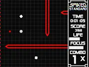 Screenshot of Spiked online game showing a small spaceship dodging multiple sharp spikes and mines while collecting coins.