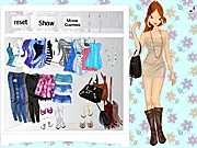 Screenshot of Flora Fashion Show dress up game showing the model Flora in an elegant outfit ready for the runway with various clothing options around her