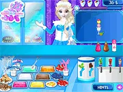 Thumbnail for Elsa's Frozen Ice Cream Shop game, showing Elsa, Olaf, and a variety of colorful ice cream desserts