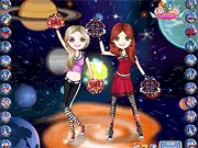 Cute Cosmic Cheerleaders performing a synchronized routine in space with colorful planets and stars in the background