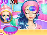 Screenshot of Candy Girl Makeup game showing the final fashion look of a doll with colorful makeup and a themed dress