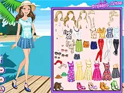 Skipper smiling and wearing a stylish spring break outfit on a sunny beach in the Skipper's Spring Break Dressup game
