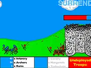 Screenshot of Invasion Flash showing various military units and tanks battling alien or enemy forces on a desert frontline battlefield.