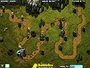 Frontline Defense Special Ops online game screen showing military towers defending a base against waves of enemy units in a battlefield setting.