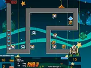 Screenshot of the Star War Turret Defense game showing futuristic cannons and turrets placed around a maze-like path, firing at enemy spaceships.