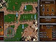 Screenshot of the Tower Defence: The Canyon game showing various defensive turrets placed along a winding canyon path, firing at a wave of red enemy units.