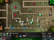 Screenshot of D-Bug Tower Defense showing various high-tech exterminating devices shooting lasers at a stream of colored digital 'bug' enemies.