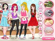 Cinderella, Belle, Ariel, and Mulan wearing modern, active outfits with stylish sneakers in the Princess Sneakers Dressup game