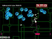 Screenshot of the Neon Blaster game, showing a spaceship shooting glowing neon blocks and enemies on a dark background.